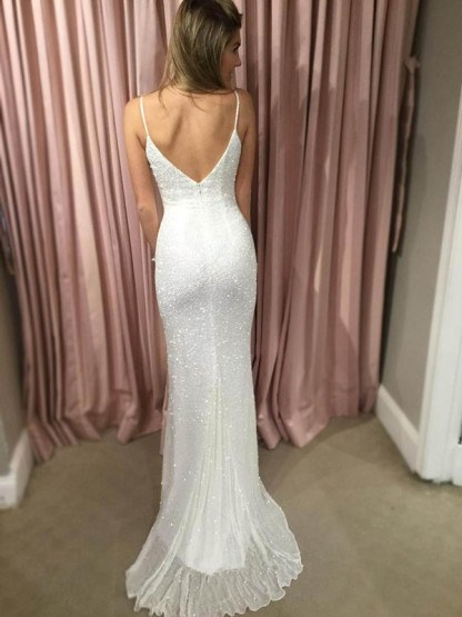Elegant White Sequins Prom Dress UK Mermaid V-Neck Long Party Dress BA7706