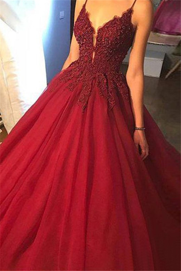 Sexy Spaghetti Strap Beads Prom Dress UKes UK Red Lace Ball Gown Elegant Evening Dress UKes UK
