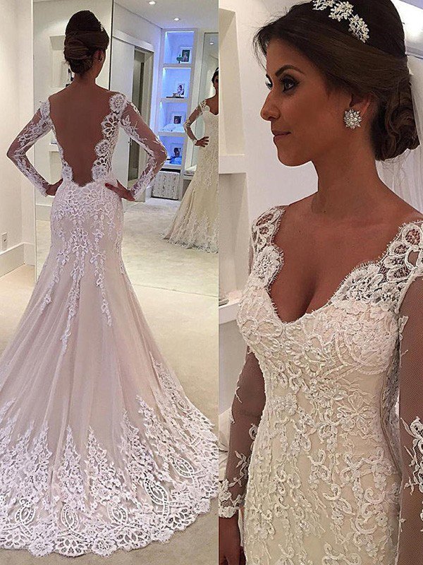 Court Train Sexy Mermaid V-neck Lace Long Sleeves Wedding Dresses UK