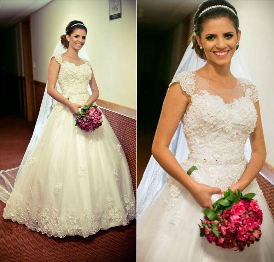 Cap-Sleeve Lace Tulle Ball Appliques Jewel Crystal-Belt Princess Gown Wedding Dress