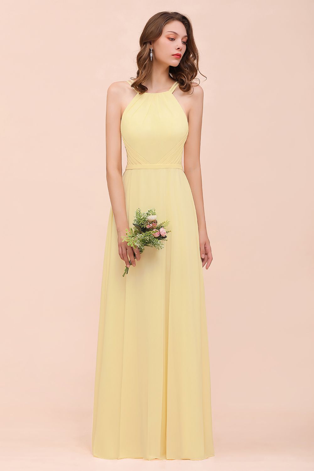 Stylish Halter Daffodil Chiffon Sleeveless Long Bridesmaid Dress