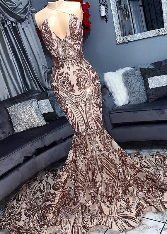 Alluring V-Neck Sequins without Sleeve Elegant Mermaid Floor Length Prom Dress UK UKes UK