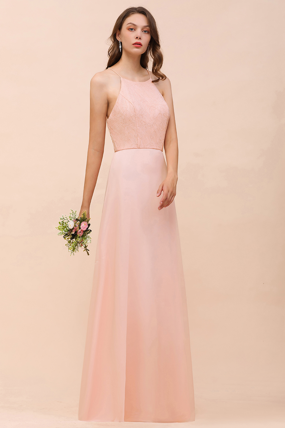 Chic Halter Pink Long Bridesmaid Dress Simple Evening Dress for Women