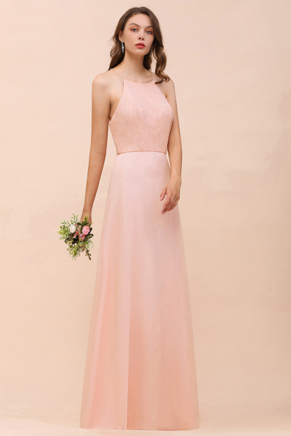 Chic Halter Pink Long Bridesmaid Dress Simple Evening Dress for Women