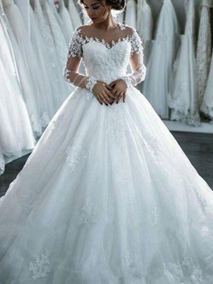 Scoop Neckline Applique Long Sleeves Ball Gown Tulle Wedding Dresses UK