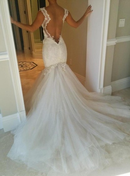 Sexy Mermaid Tulle Open Back Wedding Dresses UK Spagheeti Strapless Lace Bridal Gowns