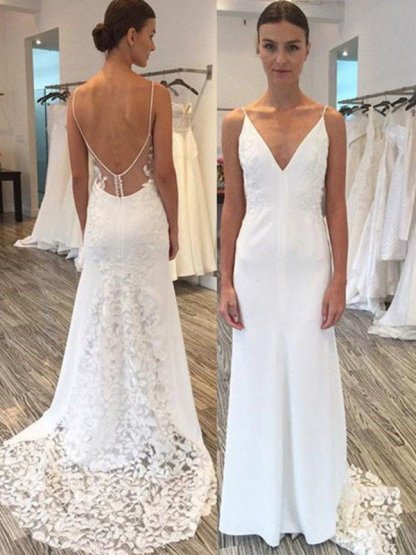 Spaghetti Straps Sweep Train Sheath Lace Satin Sleeveless Wedding Dresses UK