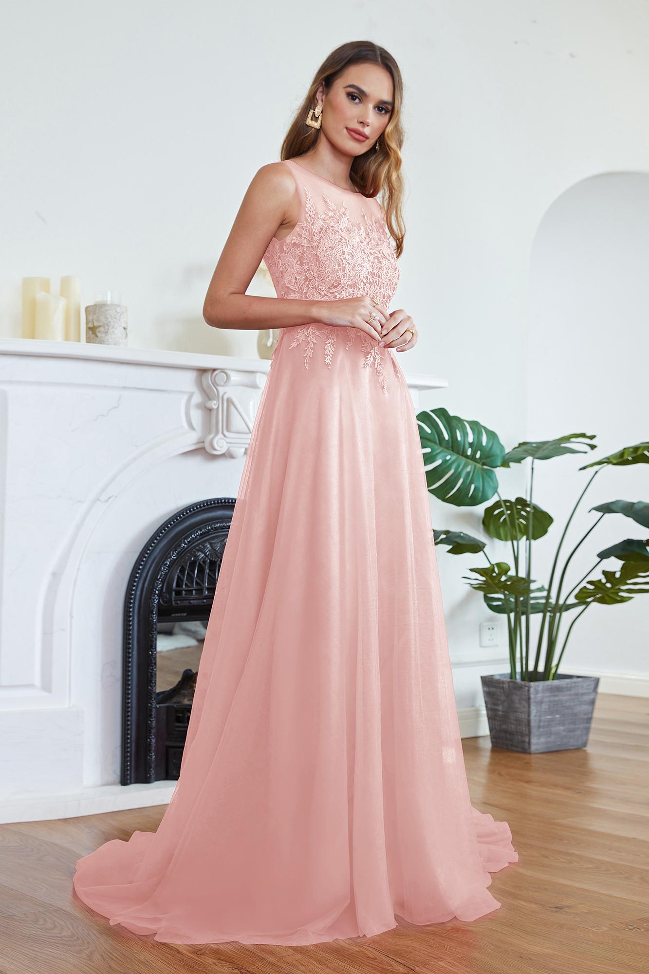 Stylish Scoop Neck Tulle Aline Evening Dress Floral Lace Long Bridesmaid Dresses Sleeveless