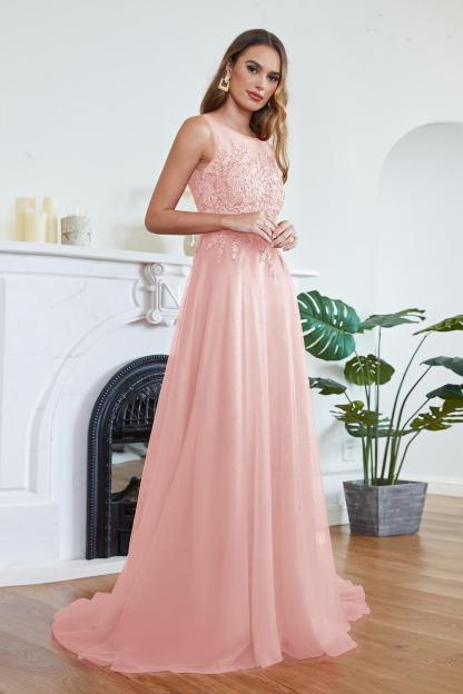 Stylish Scoop Neck Tulle Aline Evening Dress Floral Lace Long Bridesmaid Dresses Sleeveless