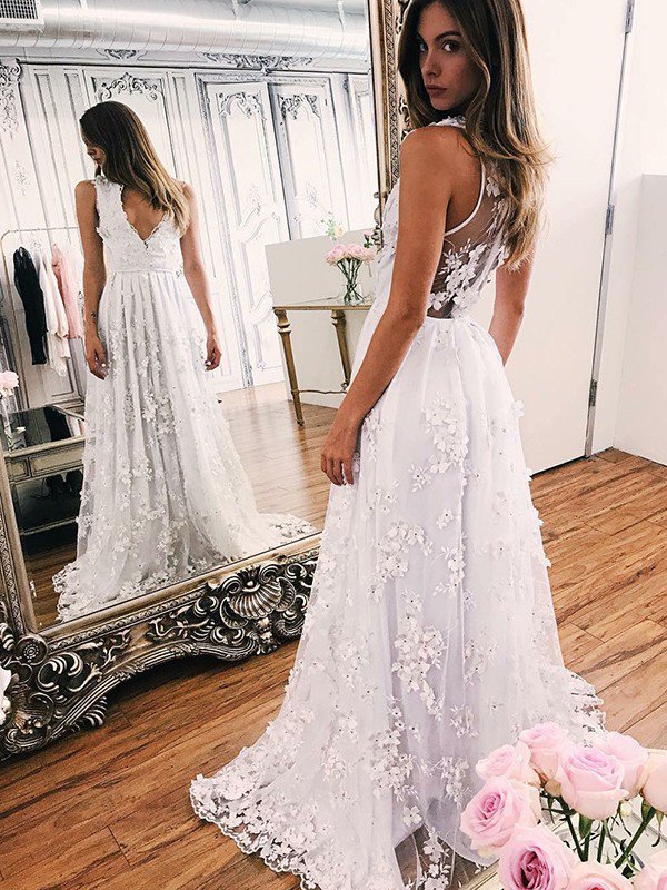 Organza A-Line Applique V-neck Sleeveless Sweep Train Wedding Dresses UK