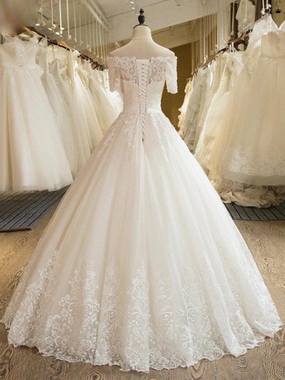 Floor-Length Applique Ball Gown Off-the-Shoulder Lace Tulle 1/2 Sleeves Wedding Dresses UK