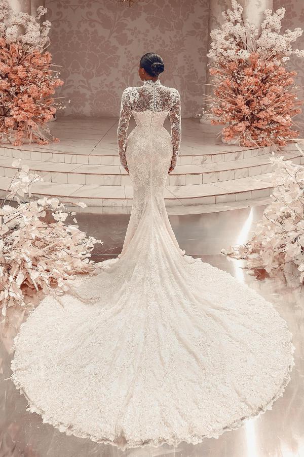 Gorgeous High Neck Floral Lace Mermaid Wedding Dresses with Sleeves Slim Bridal Gown