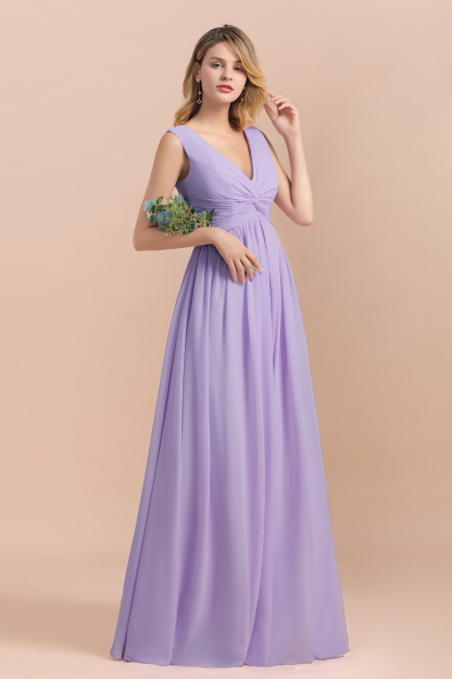 Chic Lilac A-line Chiffon Bridesmaid Dress Sleeveless V-Neck Long Wedding Guest Dress