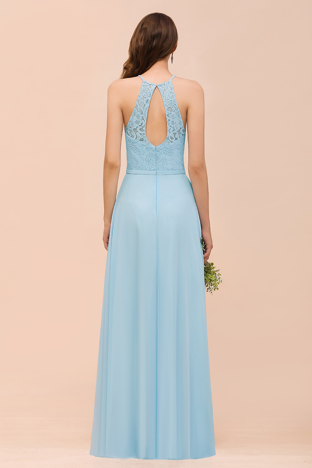 Sky Blue Halter Lace Chiffon Bridesmaid Dresses