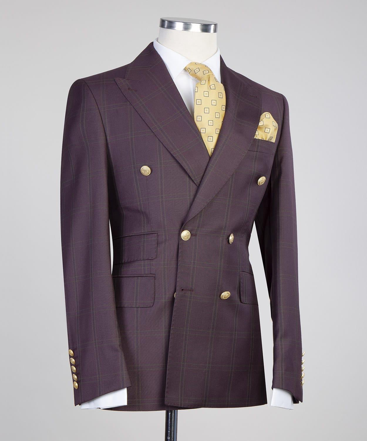 Douglas Latest Design Bugundy Plaid Double Breasted Best Fitted Men Suits