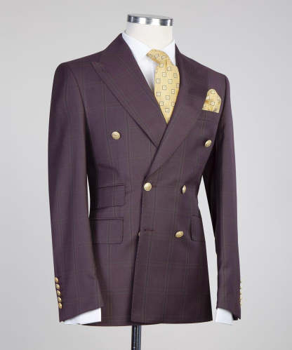 Douglas Latest Design Bugundy Plaid Double Breasted Best Fitted Men Suits