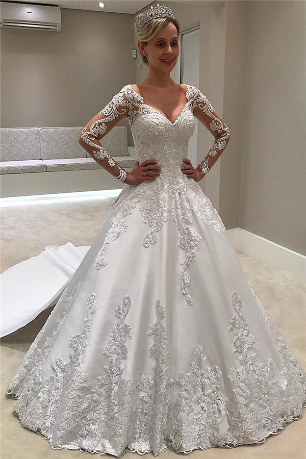 Long Sleeves Satin V-Neck Applique A-Line Wedding Dresses UK