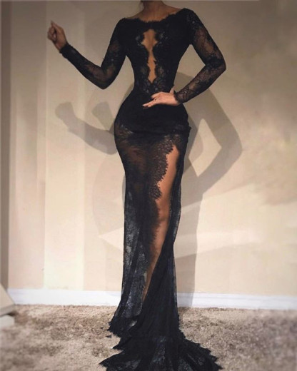 Elegant Black Long Sleeve Bodycon High Split Evening Dress UK