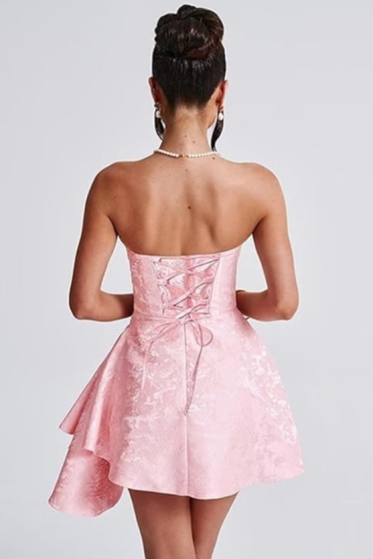Strapless Ruched Satin Short Party Dress Sleeveless Knee Length Jacquard Homecoming Dress with Pocket