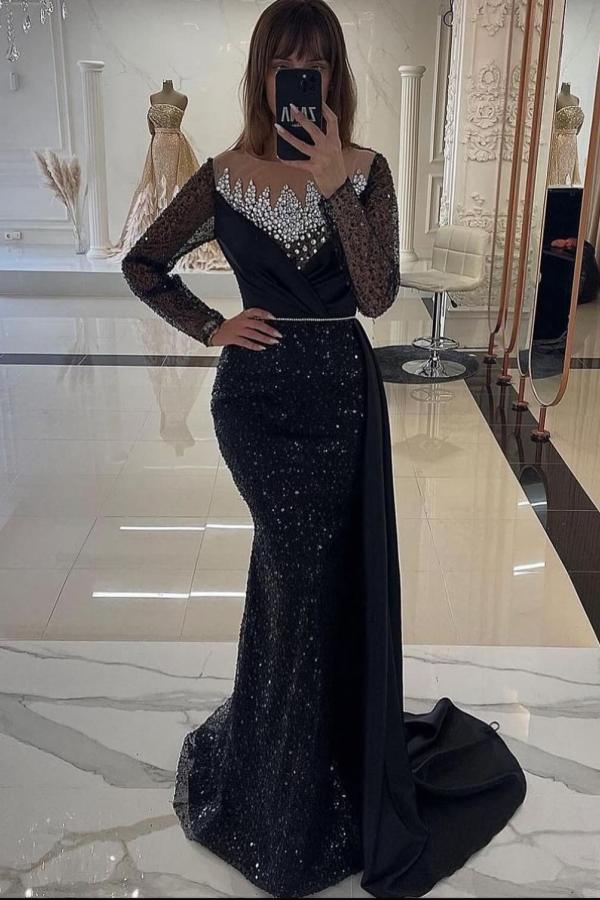 Glitter Sequins Tulle Column Prom Dresses Long Sleeve