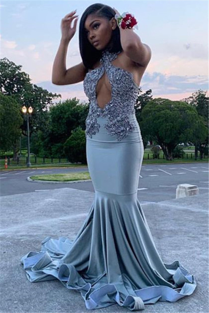 Halter Lace Appliques Ruffles Prom Dress UKes UK Mermaid Crystal Sleeveless Evening Dress UKes UK
