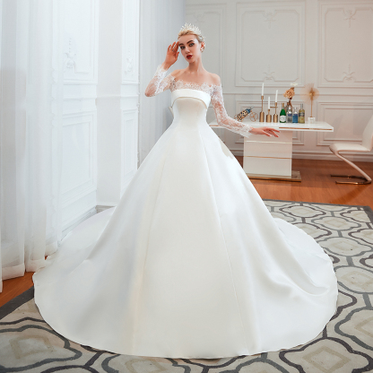 Princess Bridal Gowns with Cathedral Train Long Sleeves Wedding Dresses