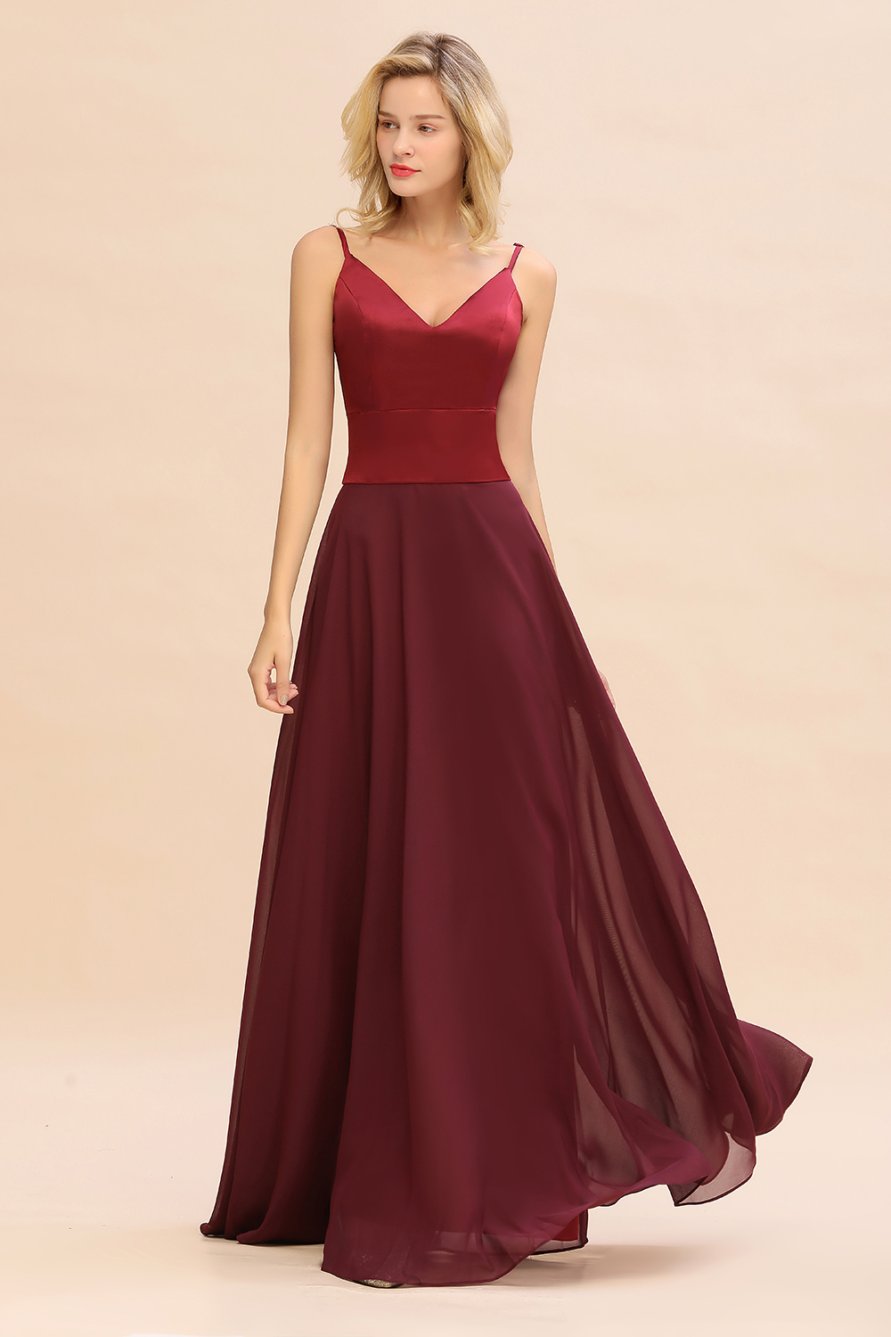 Elegant Spaghetti-Straps Burgundy Long Satin Bridesmaid Dress