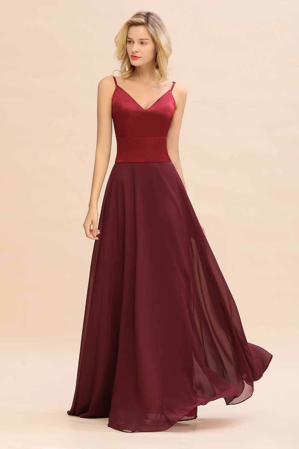 Elegant Spaghetti-Straps Burgundy Long Satin Bridesmaid Dress