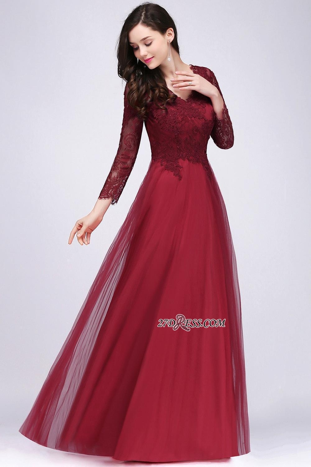 V-Neck Long-Sleeves Burgundy Floor-Length A-line Prom Dress UKes UK