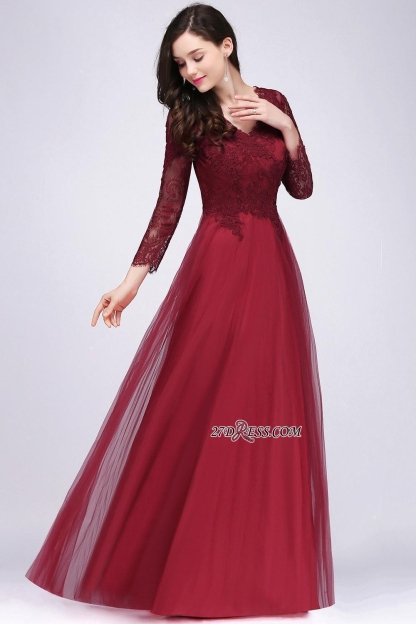 V-Neck Long-Sleeves Burgundy Floor-Length A-line Prom Dress UKes UK