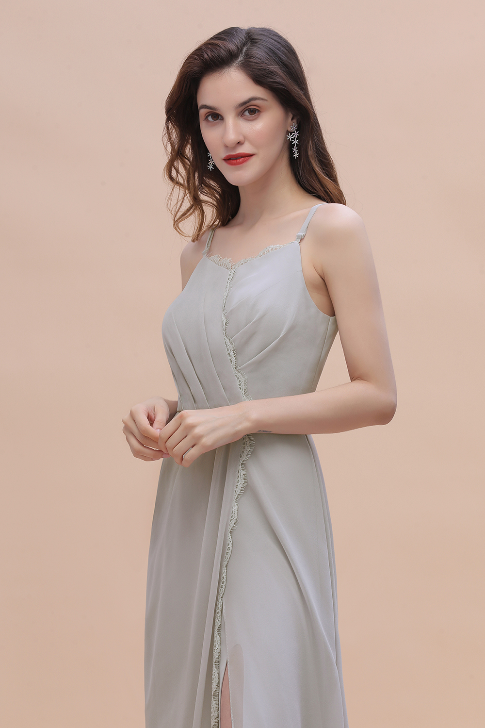 Spaghetti Straps Chiffon Lace Bridesmaid Dress Front Slit Wedding Guest Dress