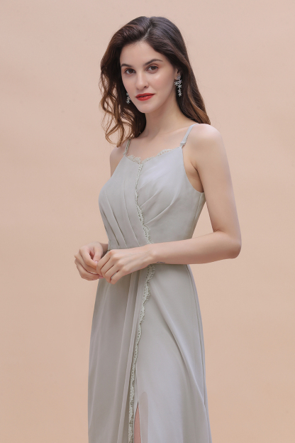 Spaghetti Straps Chiffon Lace Bridesmaid Dress Front Slit Wedding Guest Dress