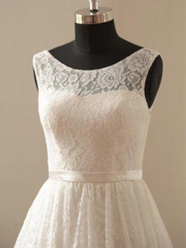 Knee-Length A-Line Sleeveless Scoop Neckline Ribbon Lace Wedding Dresses UK
