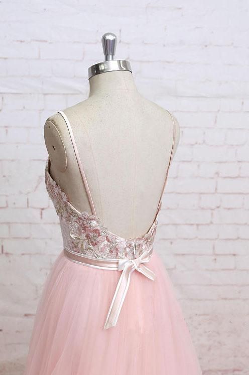 Sexy Lace Appliques Spaghetti-Strap Prom Dress UKes UK Sheer Backless Bowknot Sleeveless Evening Dress UKes UK