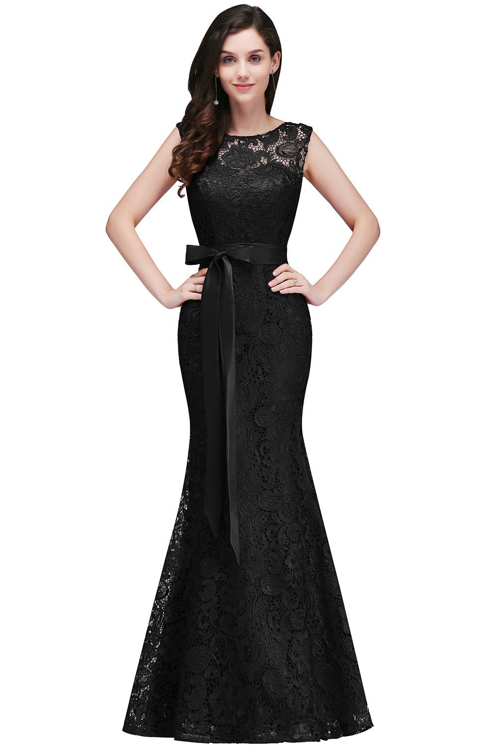 Bowknot-Sash Lace Floor-Length Burgundy Sleeveless Mermaid Prom Dress UKes UK