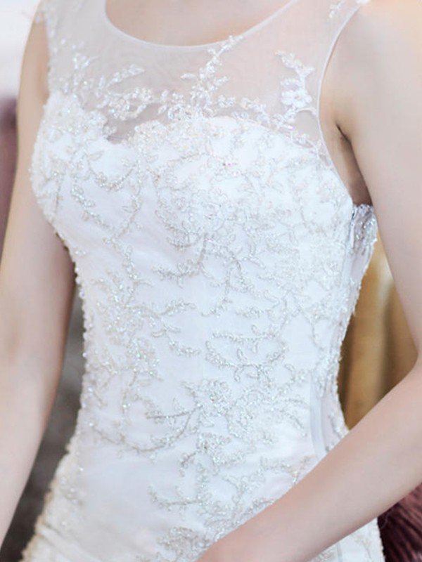 Court Train Sexy Mermaid Beads Organza Scoop Neckline Sleeveless Wedding Dresses UK