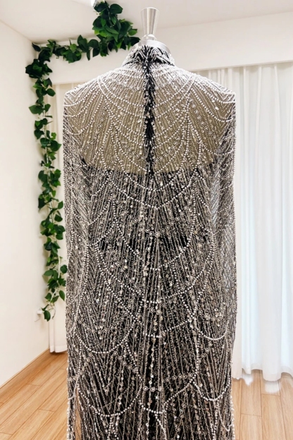 Luxury Beadings Evening Dresses with Cape High Neck Pearls Floor Length Formal Occasion Dresses