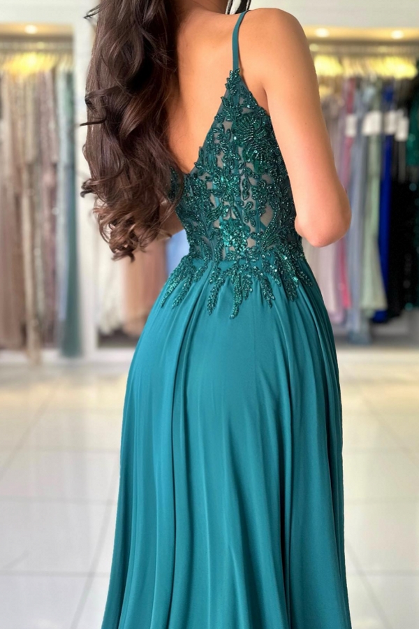Elegant V-Neck Chiffon Aline Evening Dress Dark Green Side Slit Formal Dress with Straps