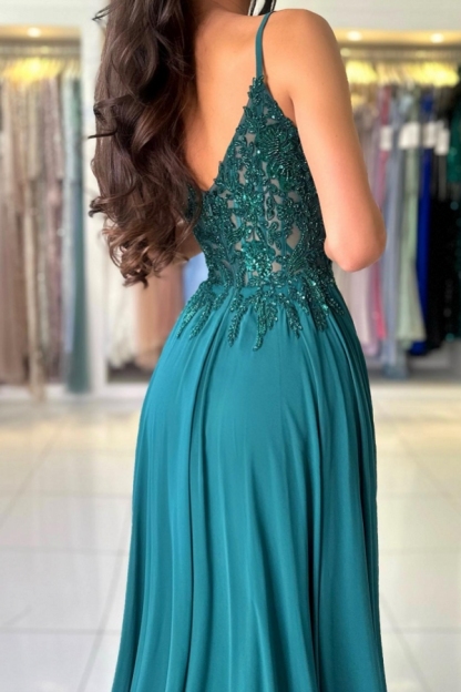 Elegant V-Neck Chiffon Aline Evening Dress Dark Green Side Slit Formal Dress with Straps