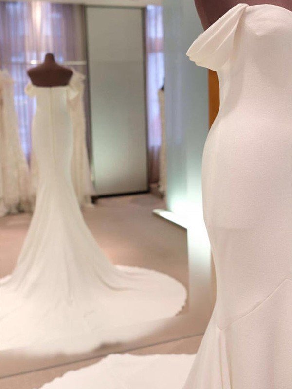 Short Sleeves Satin Sheath Court Train Off-the-Shoulder Wedding Dresses UK-27Dress.co.uk