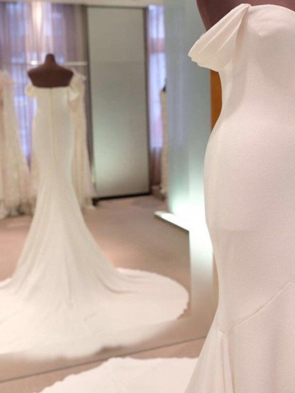 Short Sleeves Satin Sheath Court Train Off-the-Shoulder Wedding Dresses UK-27Dress.co.uk