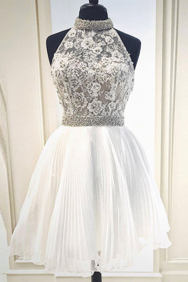 High Neck Beaded Knee Length Party Dresses | Sleeveless Short Evening Dress UK