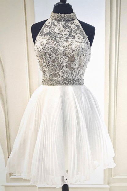 High Neck Beaded Knee Length Party Dresses | Sleeveless Short Evening Dress UK