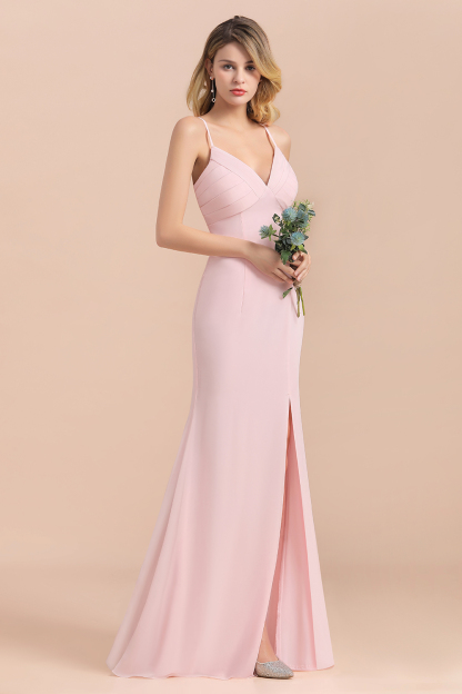 Charming V-neck Blushing Pink Mermaid Bridesmaid Dress Chiffon Long Wedding Guest Dress with Side Slit