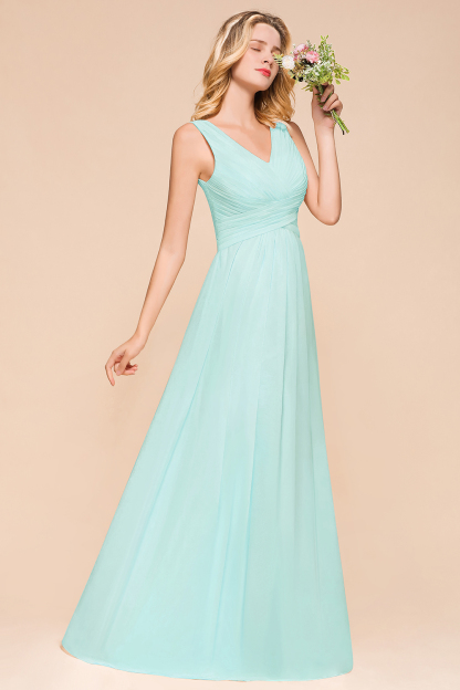 Mint Green Bridesmaid Dress Sleeveless V-Neck Long Wedding Party Dress