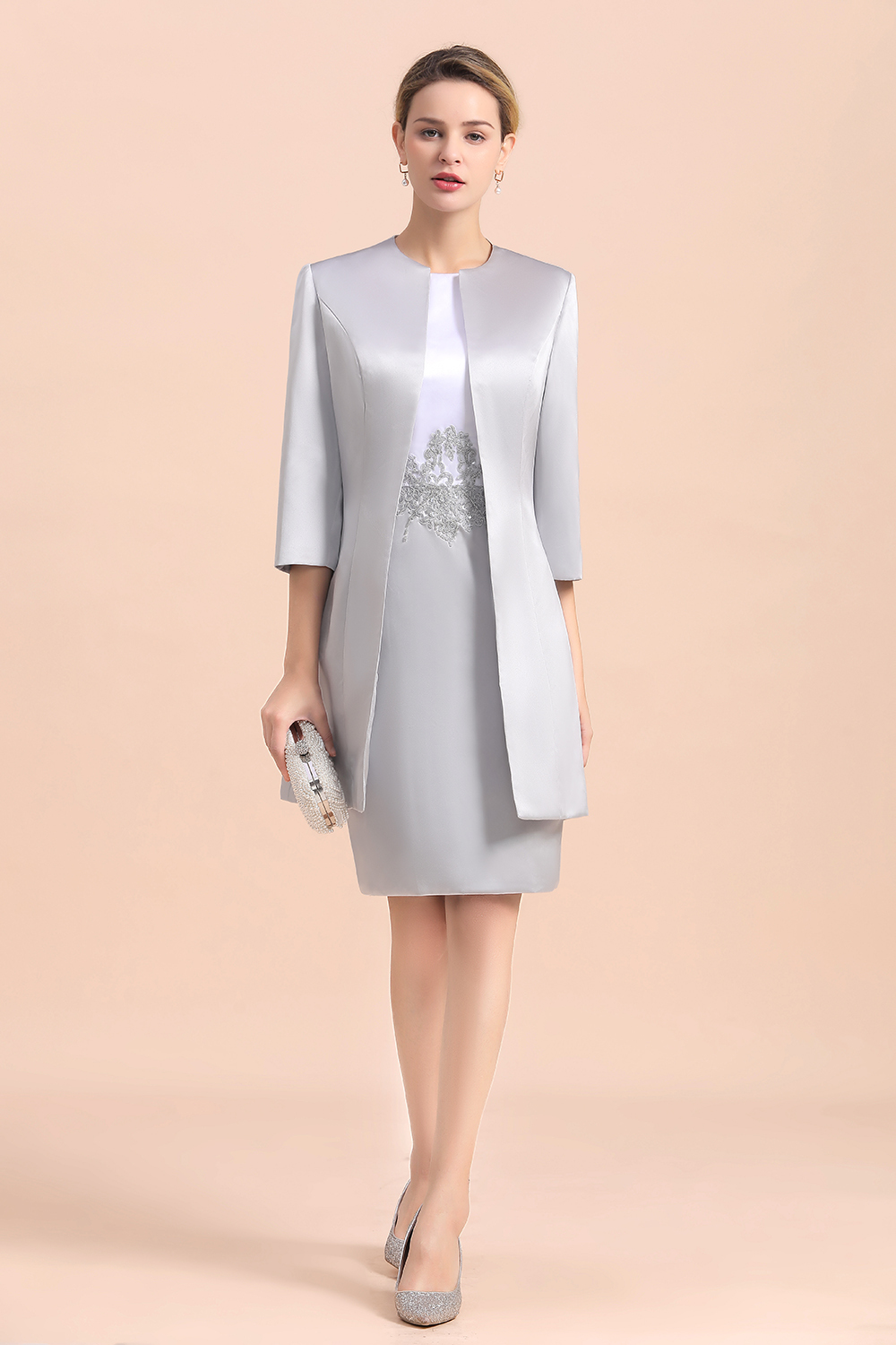 Chic Silve Short Mother Of the Bride Dress Knee-Length Wedding Party Gowns
