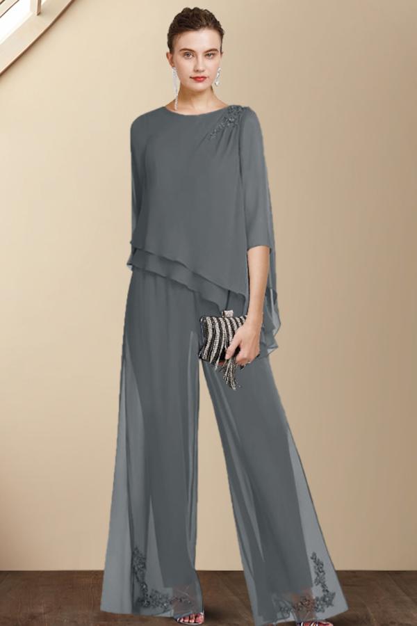 Scoop Neck Grey Chiffon Mother of the Bride Pant Suits 2 Piece Jumpsuits
