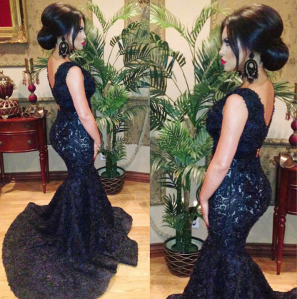 Black V-neck Beaded Lace Mermaid Prom Dress UK Sweep Train Backless Evening Gowns