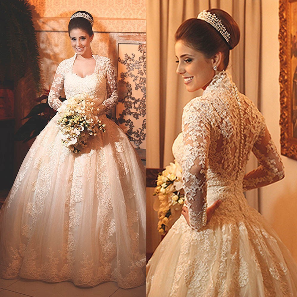 Modern Lace Long Sleeve Wedding Dress Ball Gown Button Zipper Back