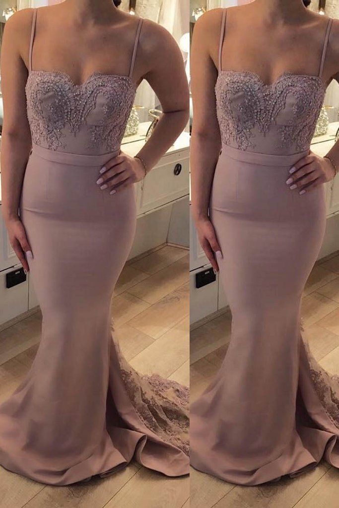 Sexy Crystal Spaghetti-Strap Lace Appliques Prom Dress UKes UK Mermaid Sleeveless Evening Dress UKes UK with Beads